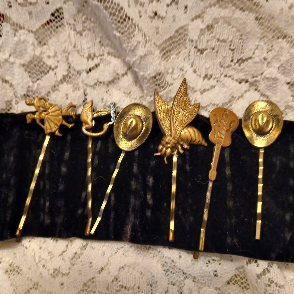 Vintage Beautiful Jools Bobby Pins  Nature Guitar Dancers Unique  1980-90s 6 Pc